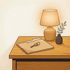 An illustration of a folder and a house key resting beside a warm lamp, symbolizing a plan entrusted to someone else.