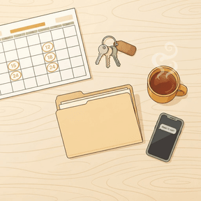 An illustration of an ordinary kitchen table holding a wall calendar, house keys, a folder, a mug of tea and a phone with a text message.